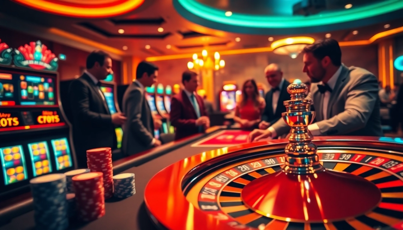 Atmosphère de jeu passionnante sur un site de casino en ligne avec des jetons de poker et une roulette.