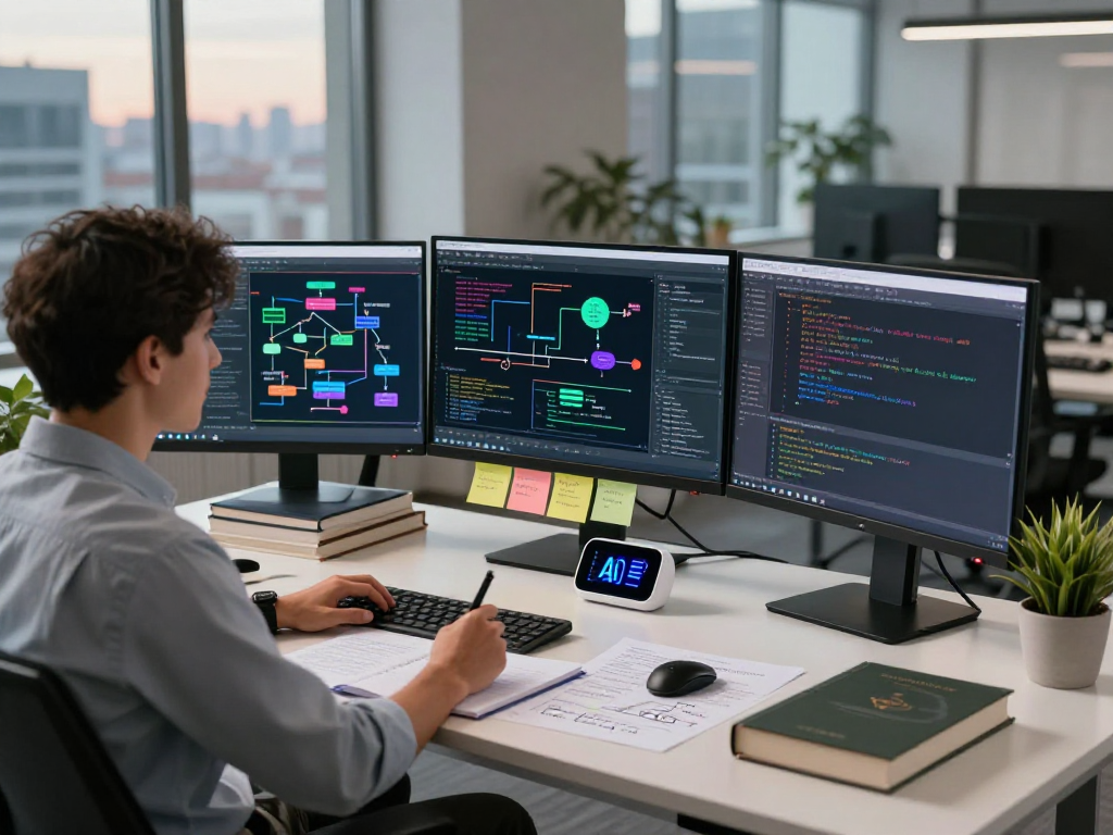 A professional AI researcher analyzing models and algorithms in a modern office, showcasing a workspace optimized for innovation and productivity focused on crush on ai.