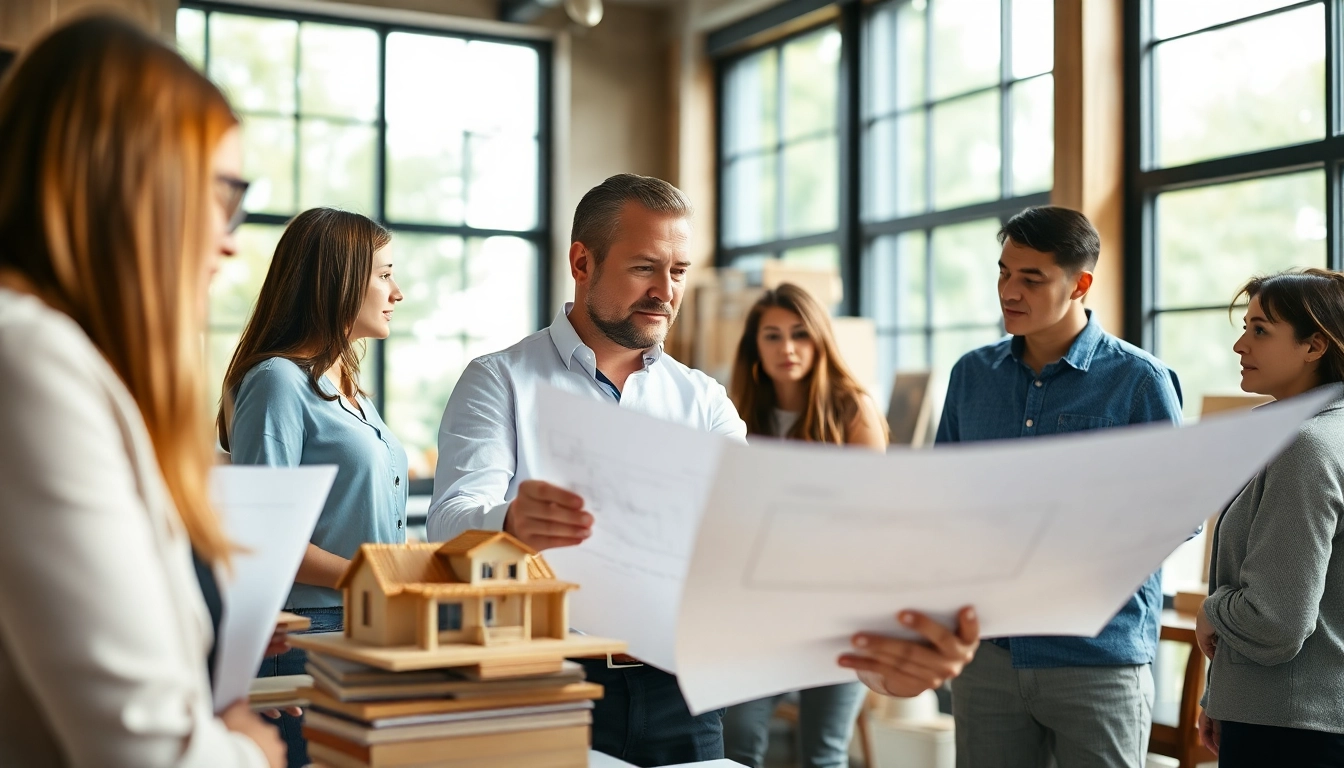 Start a residential architecture project with a professional architect discussing plans with clients.