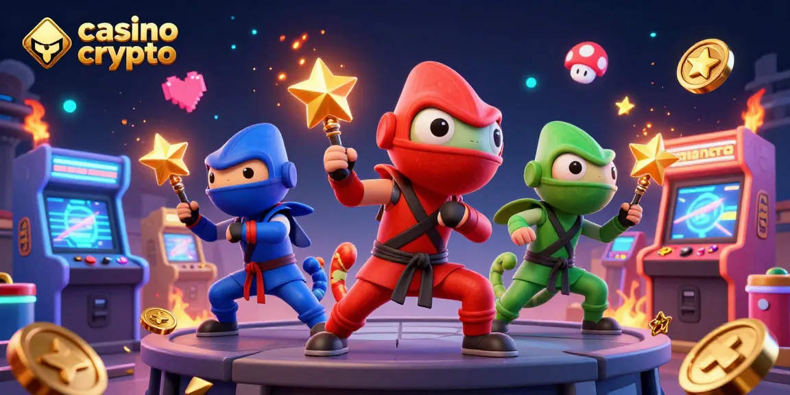 Les caméléons ninja en action dans un casino crypto, mêlant arts martiaux et éléments de jeux.