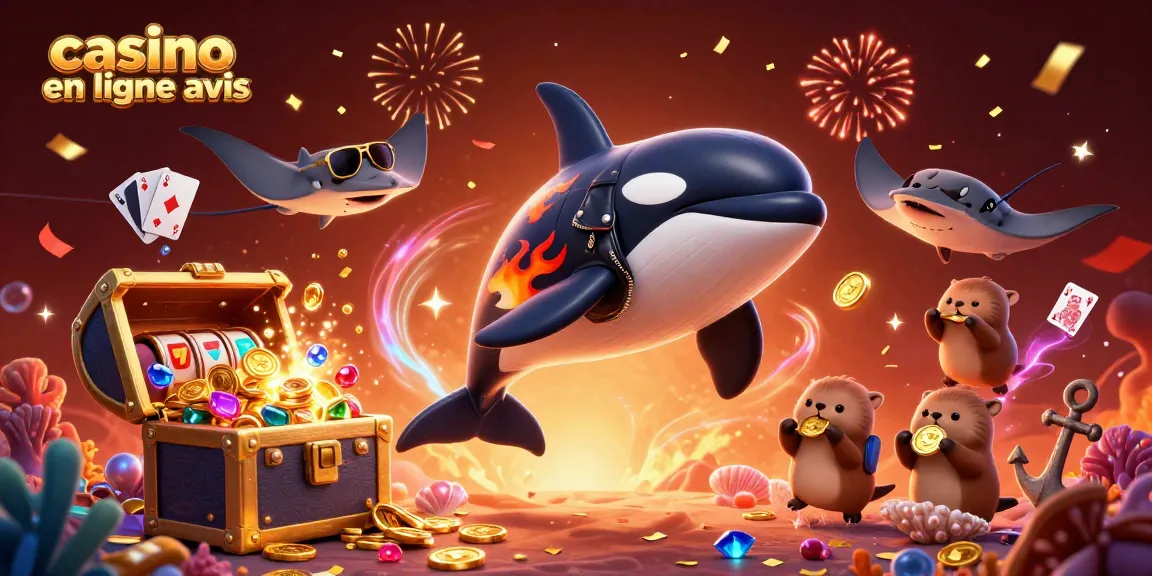 Illustration dynamique casino en ligne avis avec orque, raie et loutres tenant des pièces d'or.