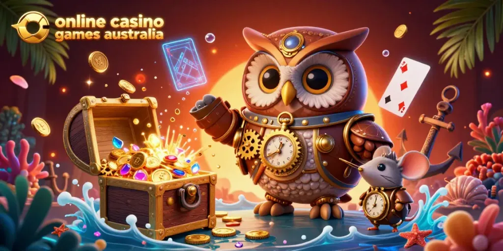 Engage with online casino games Australia in a vibrant 3D illustration showcasing dynamic casino elements and characters.