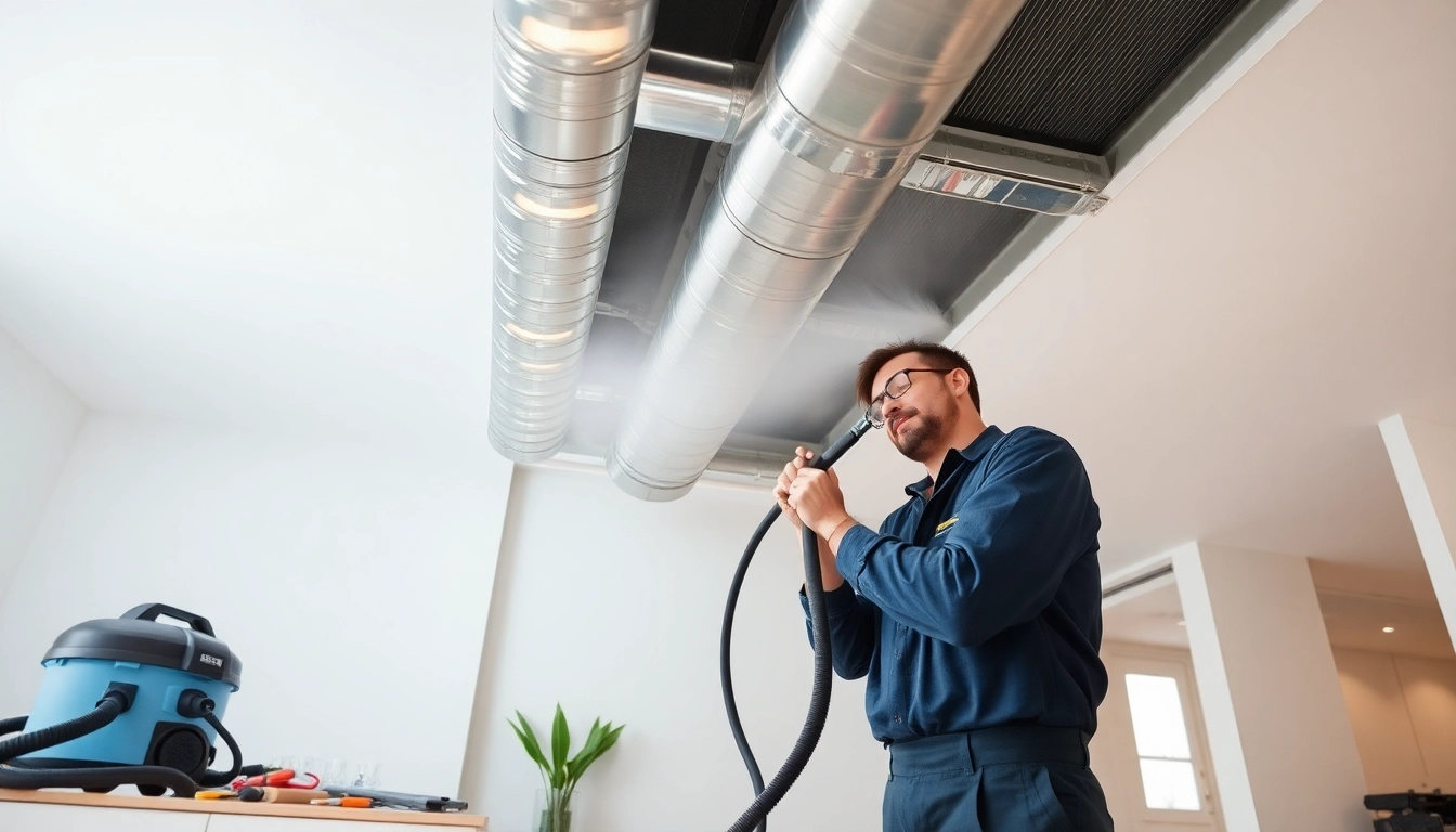 Technician conducting duct cleaning and HVAC inspection to improve air quality in a home.