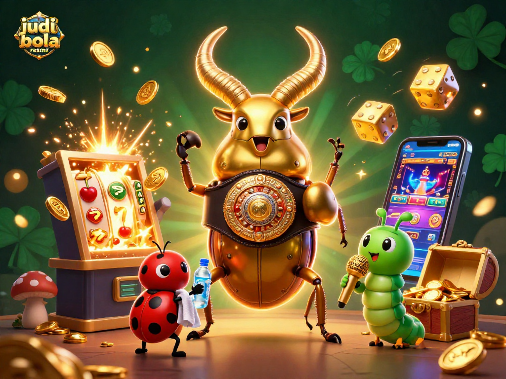 Experience the thrill of judi bola resmi with dynamic visuals of a golden stag beetle and gaming elements.