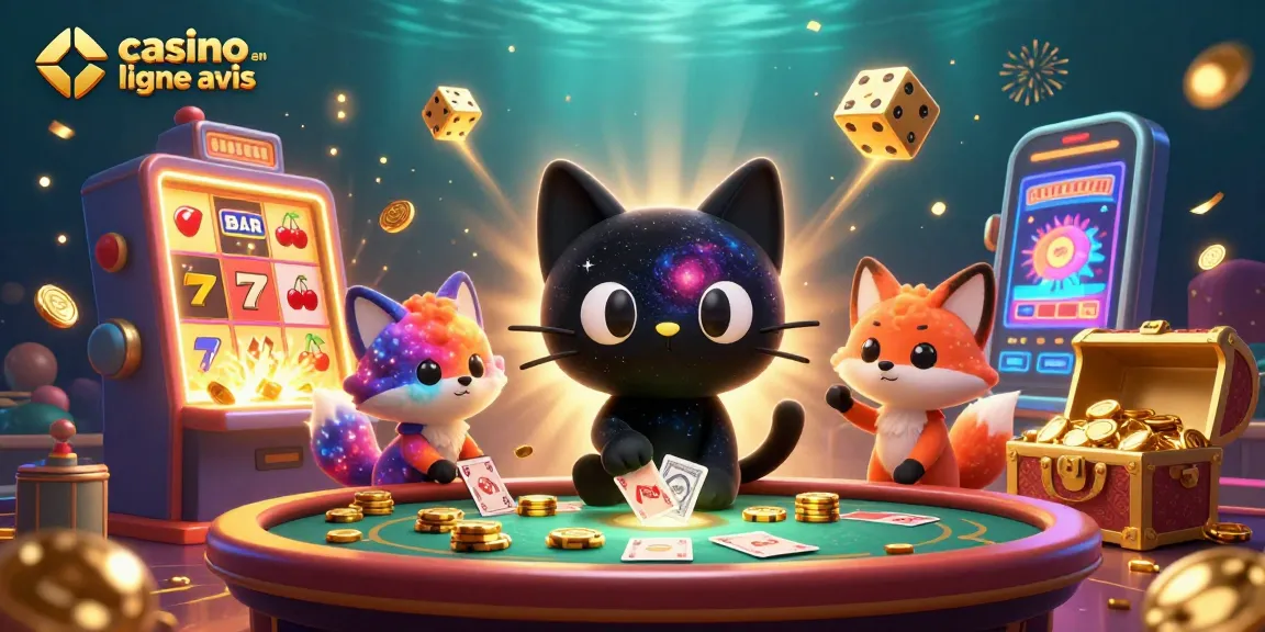 Casino en ligne avis : chat noir gravitationnel et renard nébuleux au casino cosmique animant les jeux.