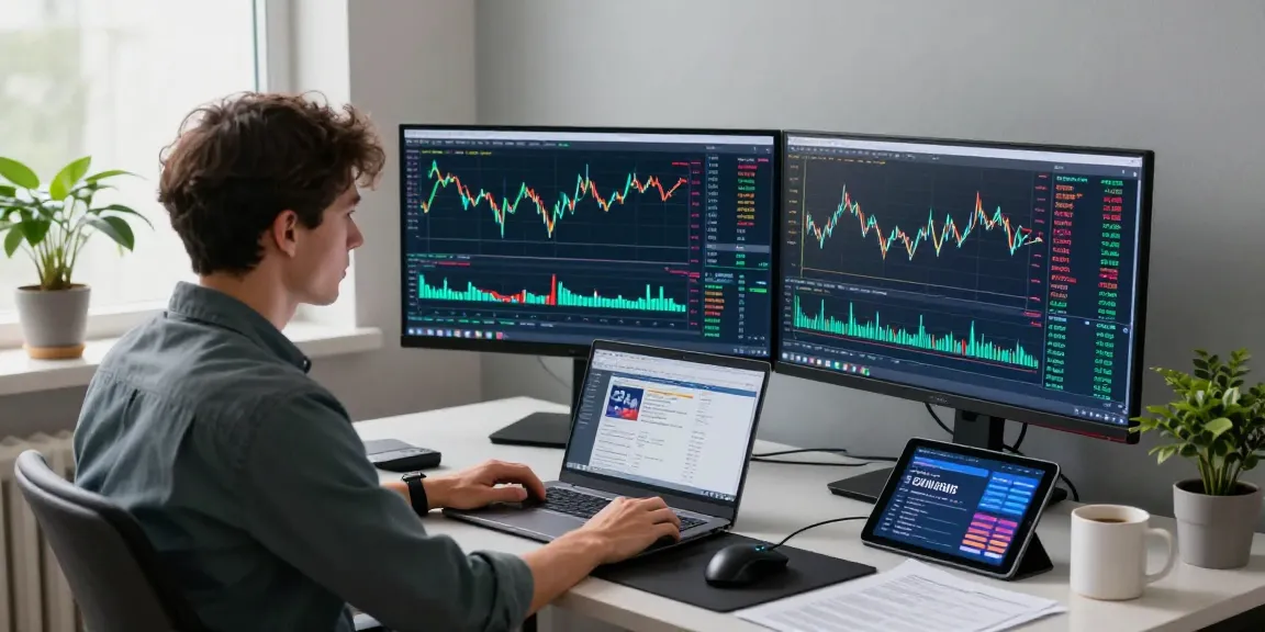 Trader analyzing forex charts on MT4 at a modern workspace with multiple monitors.
