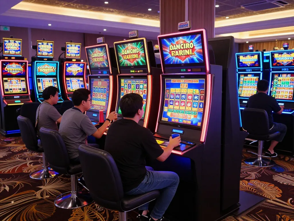 Players enjoying slot gacor hari ini at vibrant casino machines, showcasing excitement and winning moments.