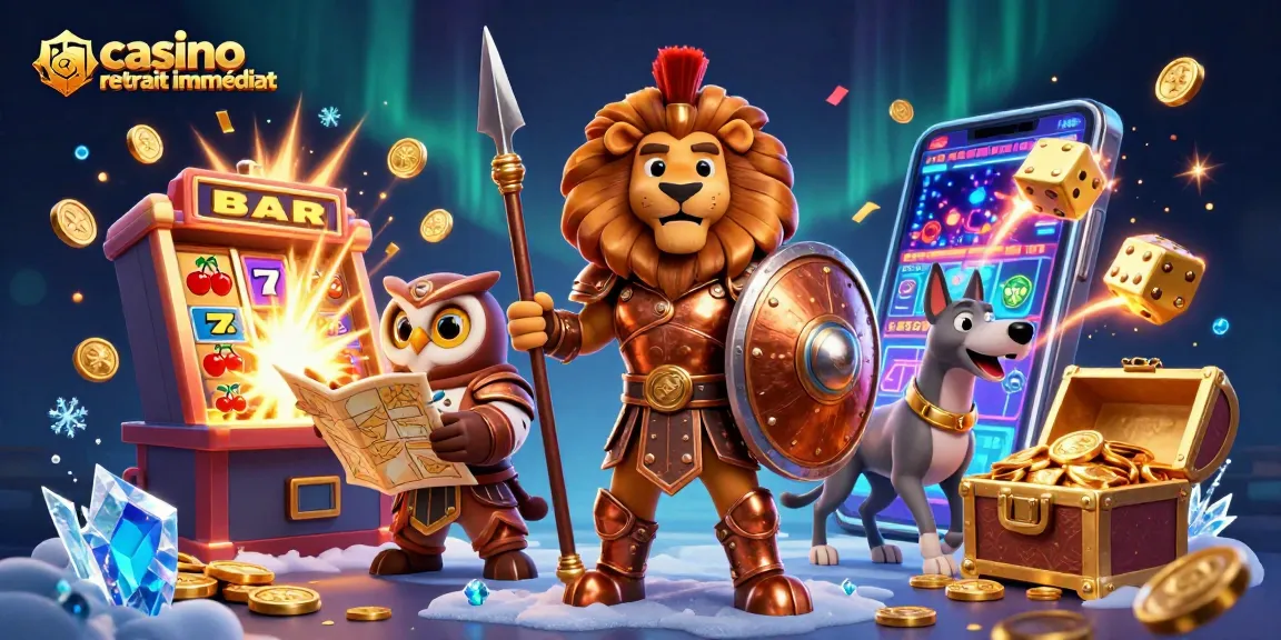 Visualisez un jeu de casino retrait immédiat avec une scène riche en actions et personnages captivants.