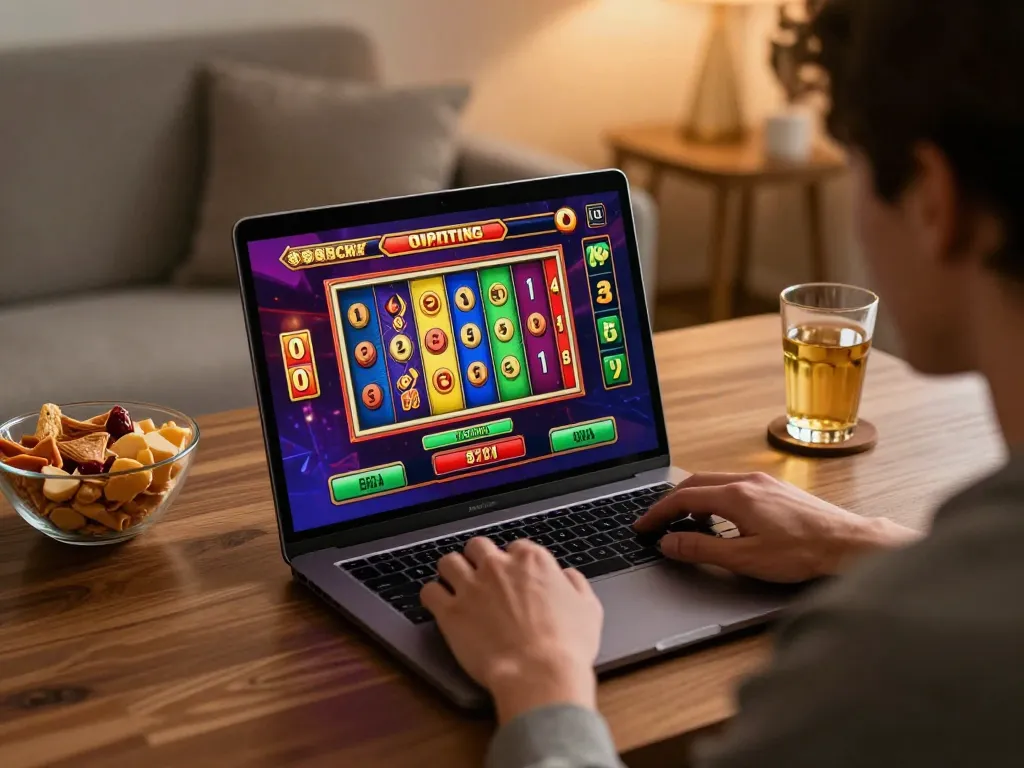 Player enjoying exciting slot game on laptop at home, 388bet providing engaging entertainment experience