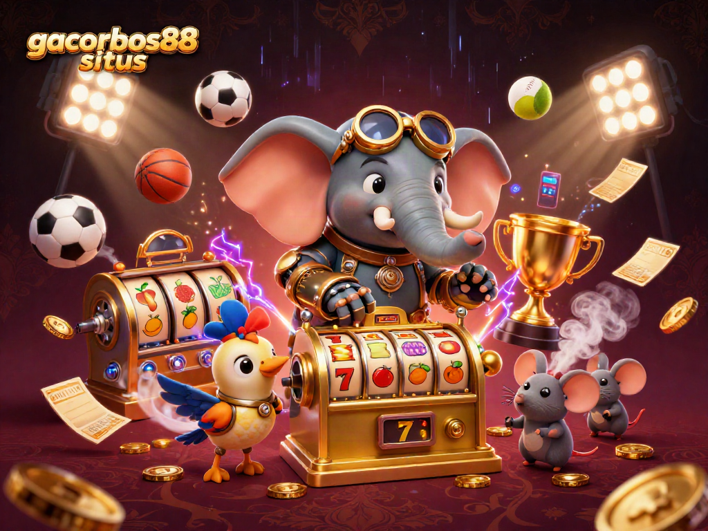 Engage with the thrilling action of gacorbos88 situs as a steampunk elephant operates a vibrant slot machine amidst dynamic casino elements.