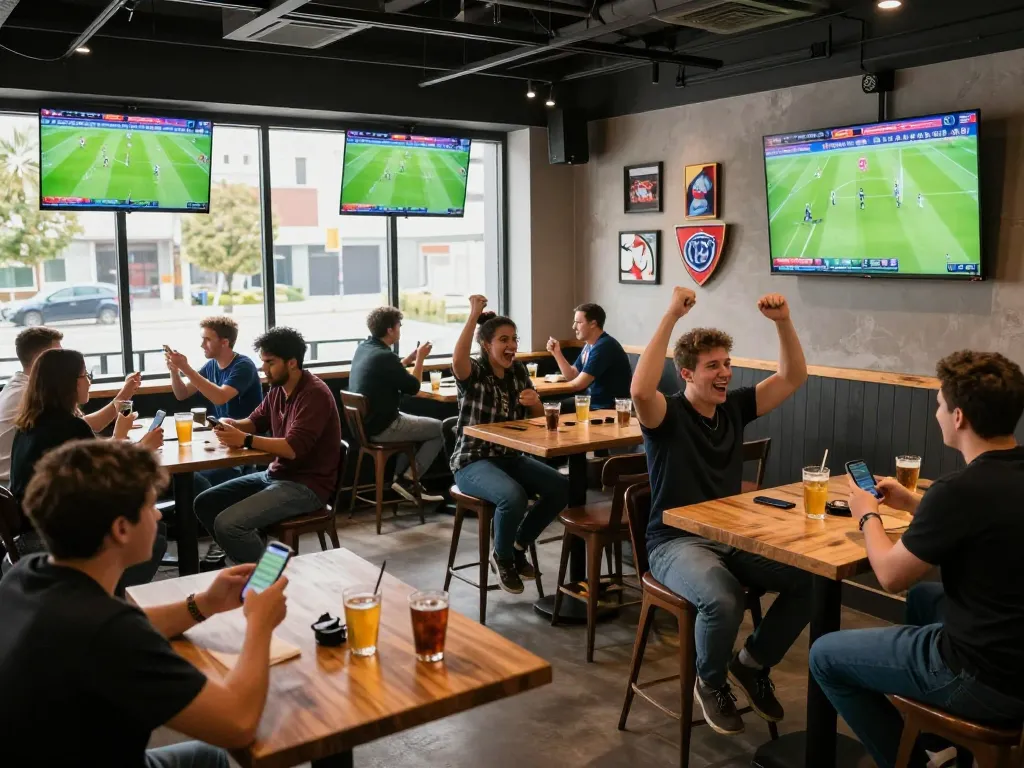 Fans engaging with 7m live football scores while celebrating wins in a dynamic sports bar setting.