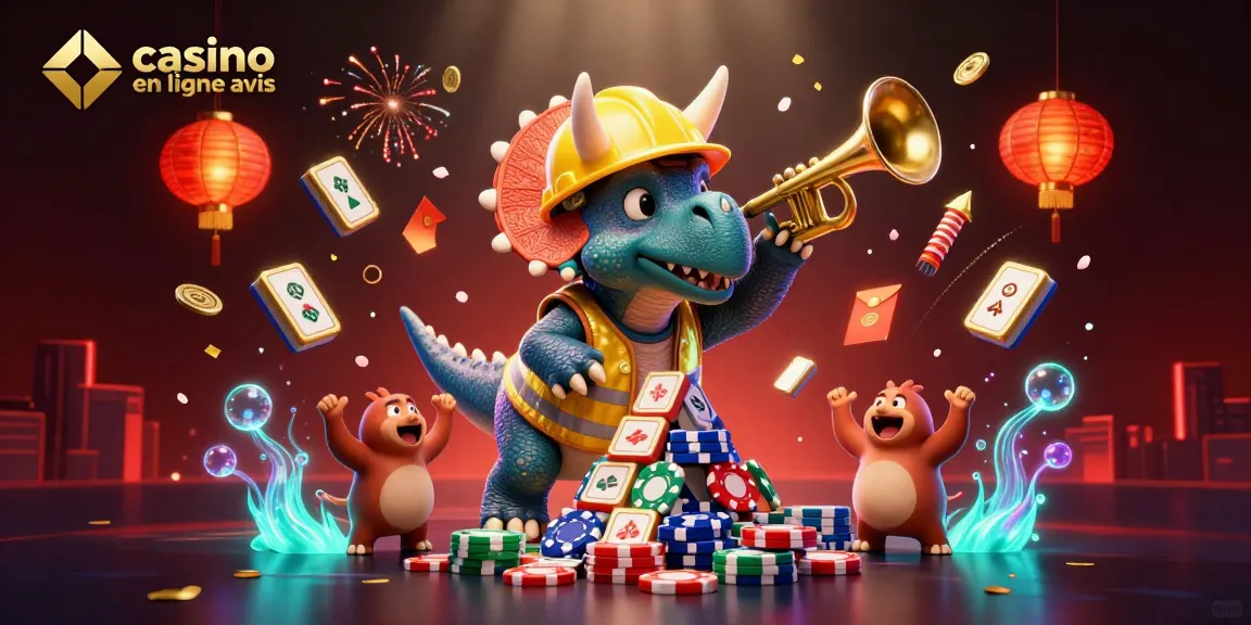 casino en ligne avis illustration de dinosaures célébrant avec des jetons de poker et des lanternes