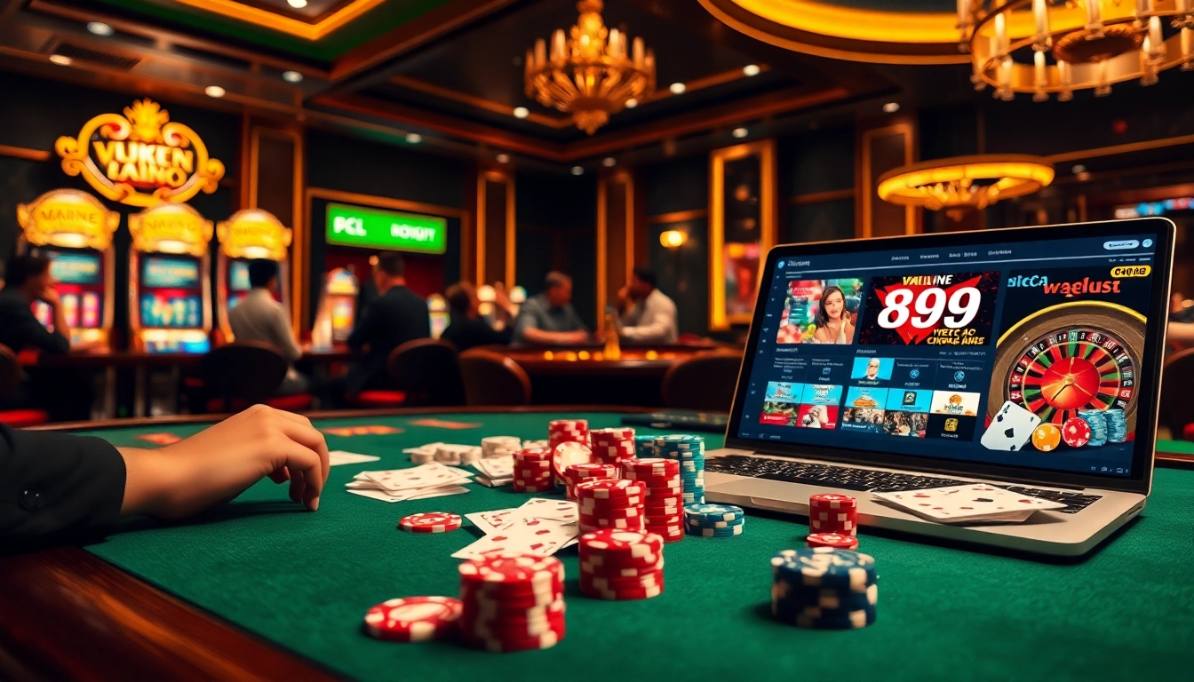 Experience strategic gameplay at nhà cái vua99 with an upscale casino ambiance featuring poker chips and cards.