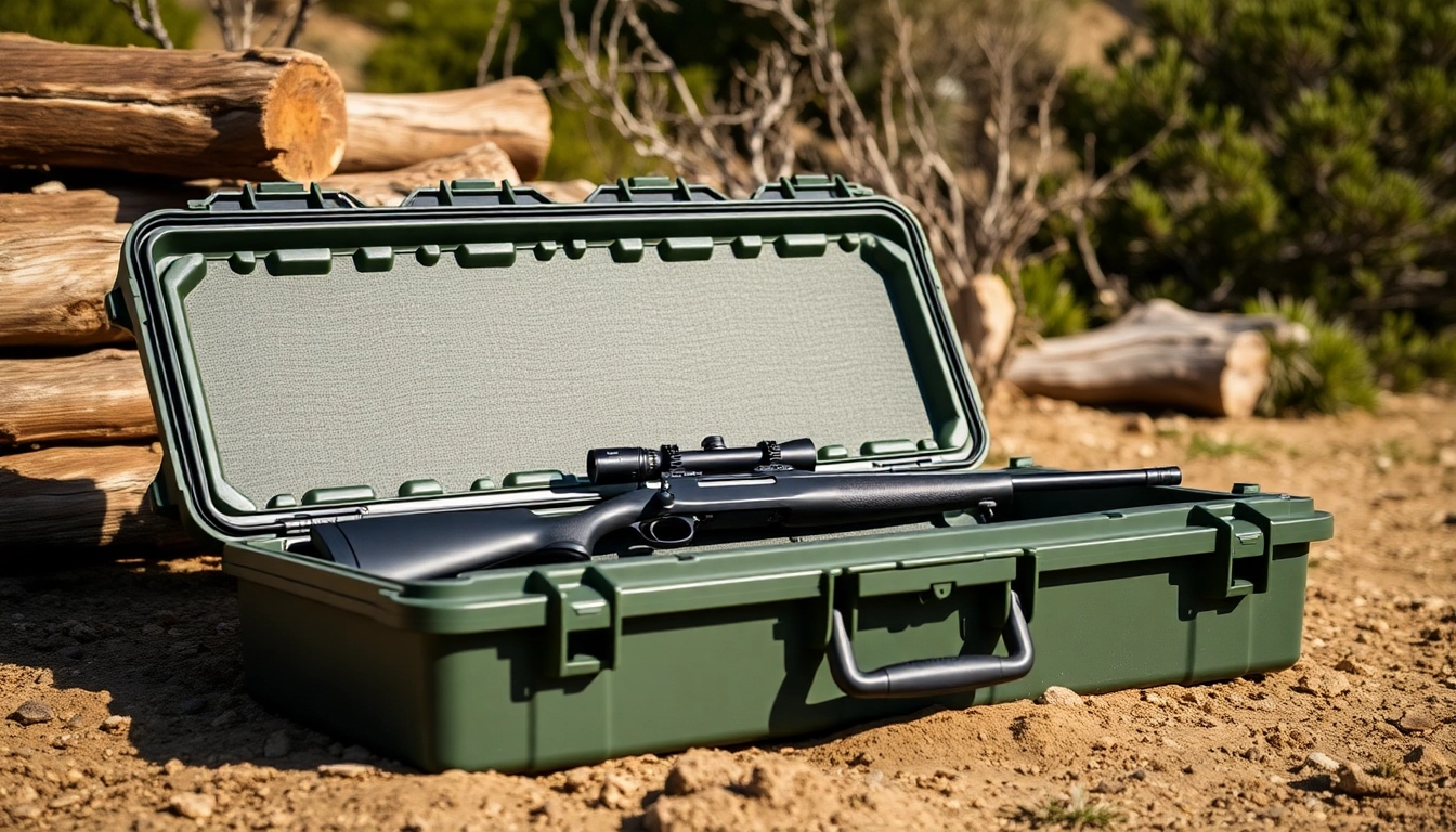 Secure pelican rifle case in a rugged outdoor setting, highlighting durability and protection.