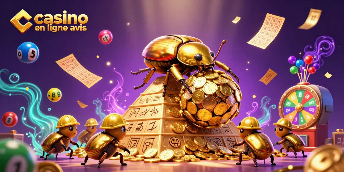 Découvrez l'illustration de casino en ligne avis avec des coccinelles jonglant avec des jetons d'or.