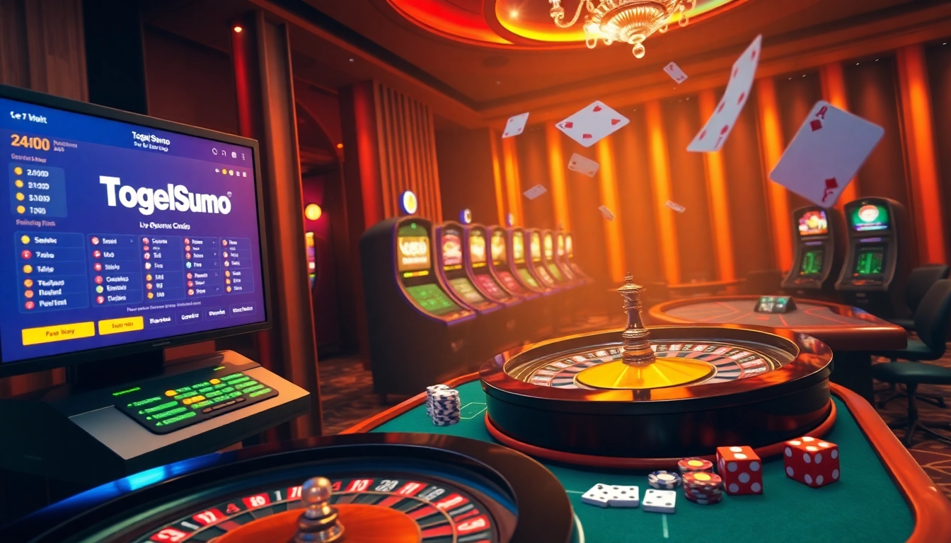 Gambaran adegan kasino online TogelSumo yang menarik dengan roulette, chip poker, dan antarmuka permainan yang penuh warna.