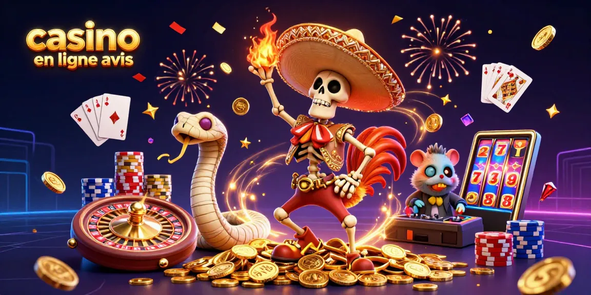 Découvrez l'illustration festive sur les avis des casinos en ligne, avec un coq en mariachi et encore plus d'éléments de jeu.