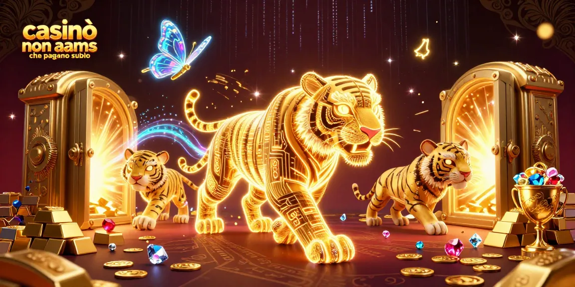Casinò non AAMS che pagano subito: tigre luminosa in un paesaggio di casino digitale con gioielli e tesori