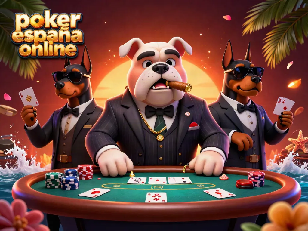 Disfruta del póker online en España con una ilustración animada de un bulldog mafioso y sus dobermans, rodeados de mesas y fichas.