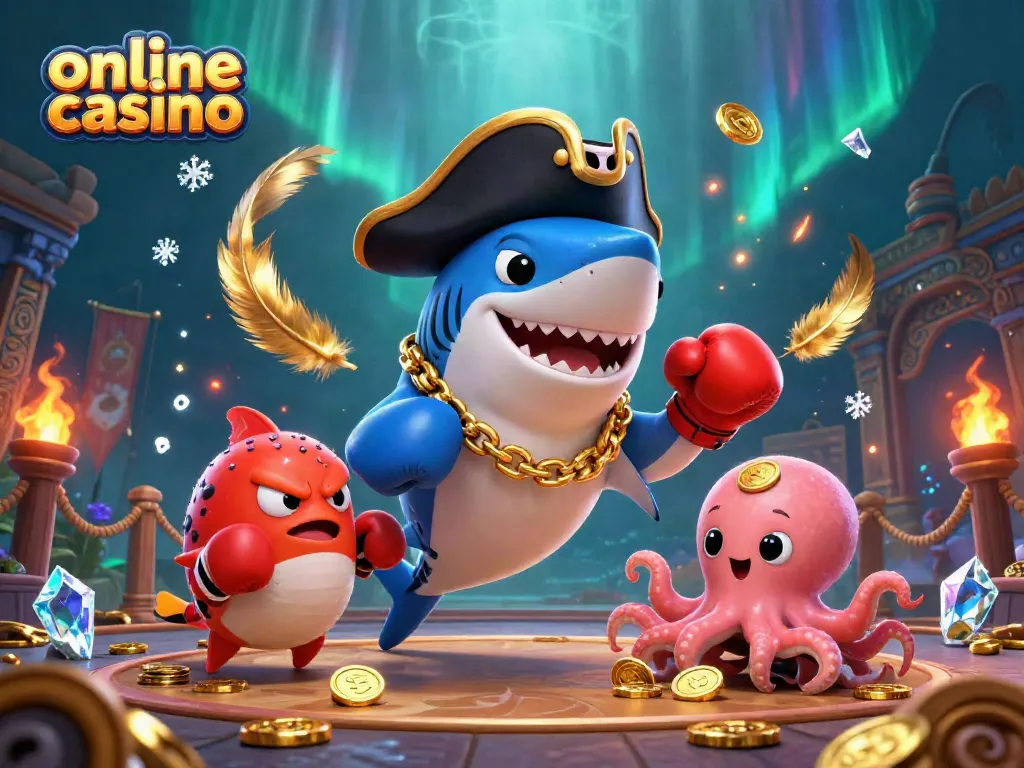 Gioca nei casinò online con un divertente squalo pirata e un pesce puffer in un'arena piena di monete d'oro.