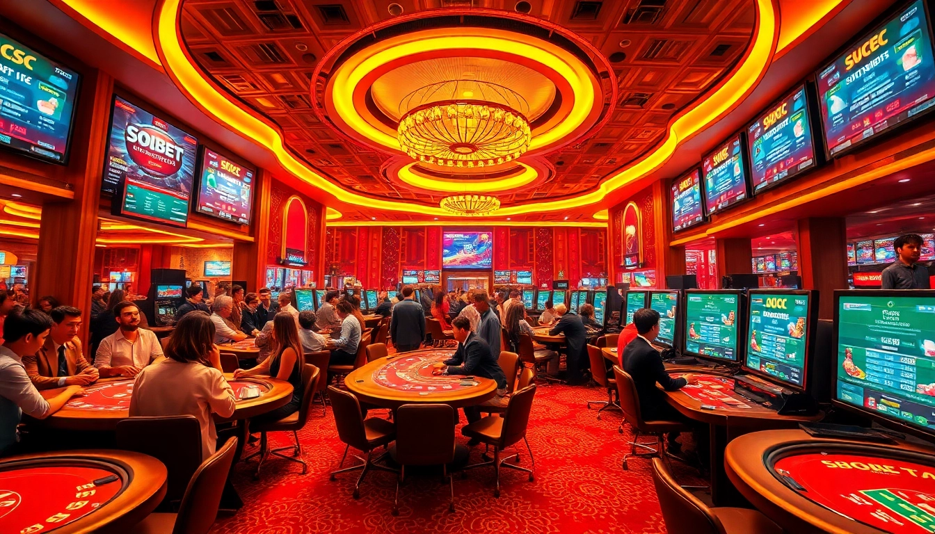 SBOBET.dance showcases an exciting online betting atmosphere with vibrant casino elements and diverse players enjoying various games.