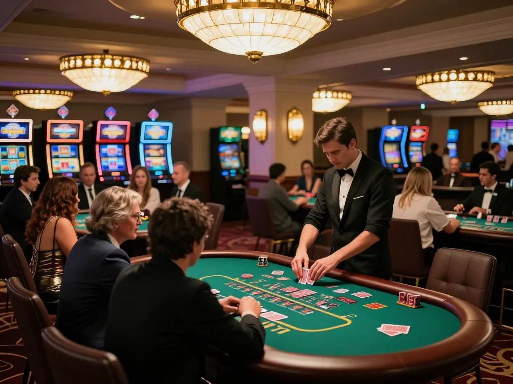 Migliori casino online stranieri with players engaging at blackjack tables, showcasing the vibrant casino atmosphere.