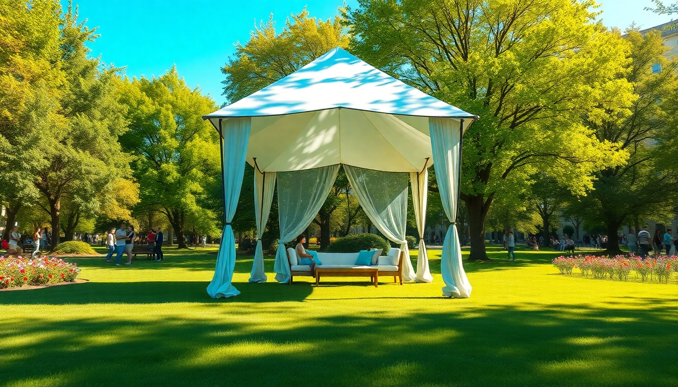 Relax under the sturdy canopy tent in a sunlit park, perfect for outdoor gatherings.