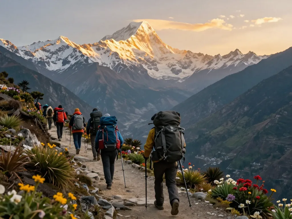 Annapurna Circuit Trek on a rugged trail with trekkers enjoying majestic mountain views at sunrise.