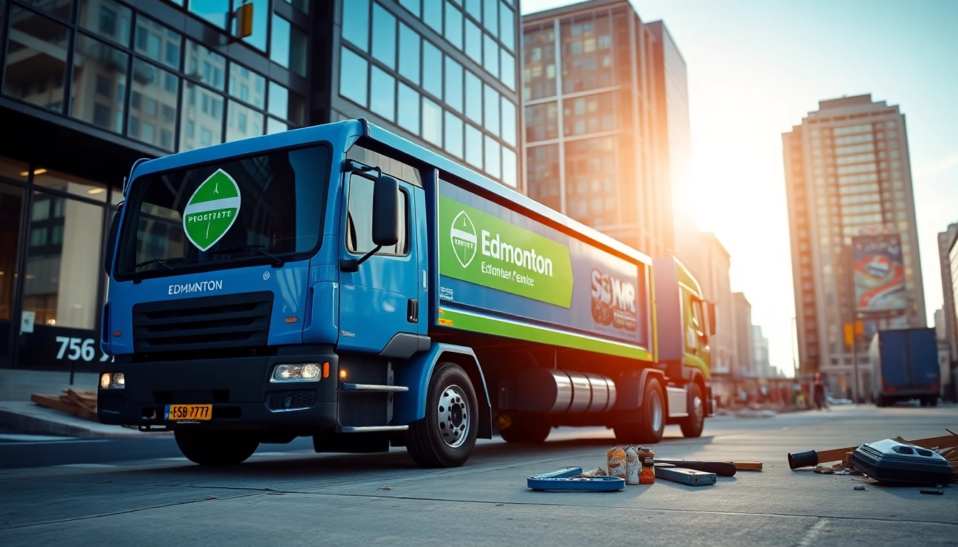 Utilizing a dumpster rental service Edmonton AB amidst an urban Edmonton backdrop, highlighting efficiency and professionalism.