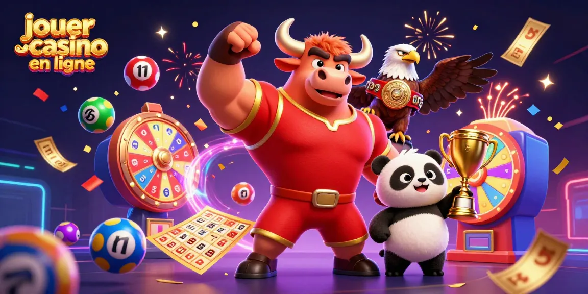 Jouez au casino en ligne avec enthousiasme, célébrant la victoire avec un taureau, un aigle et un panda.
