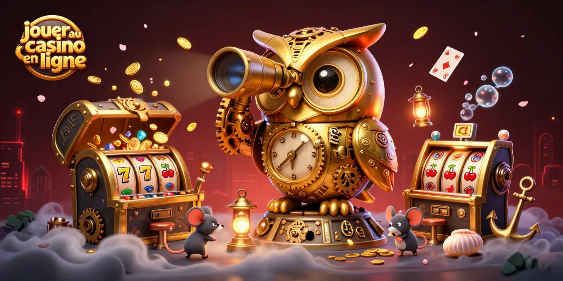 Jouer au casino en ligne avec un hibou en horlogerie et des machines à sous colorées.