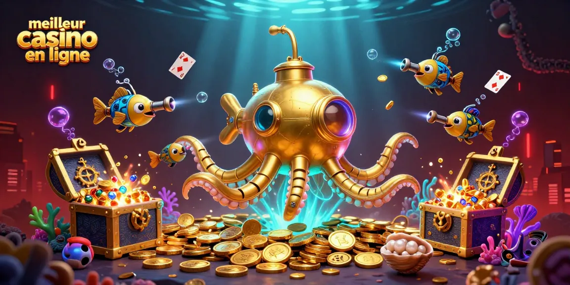 Visitez le meilleur casino en ligne avec une illustration 3D d'un kraken sous-marin et de poissons mécaniques.