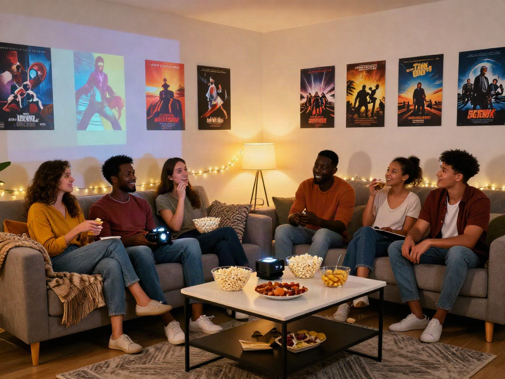 Friends enjoying a cozy movie night with Moviebox in a vibrant living room.