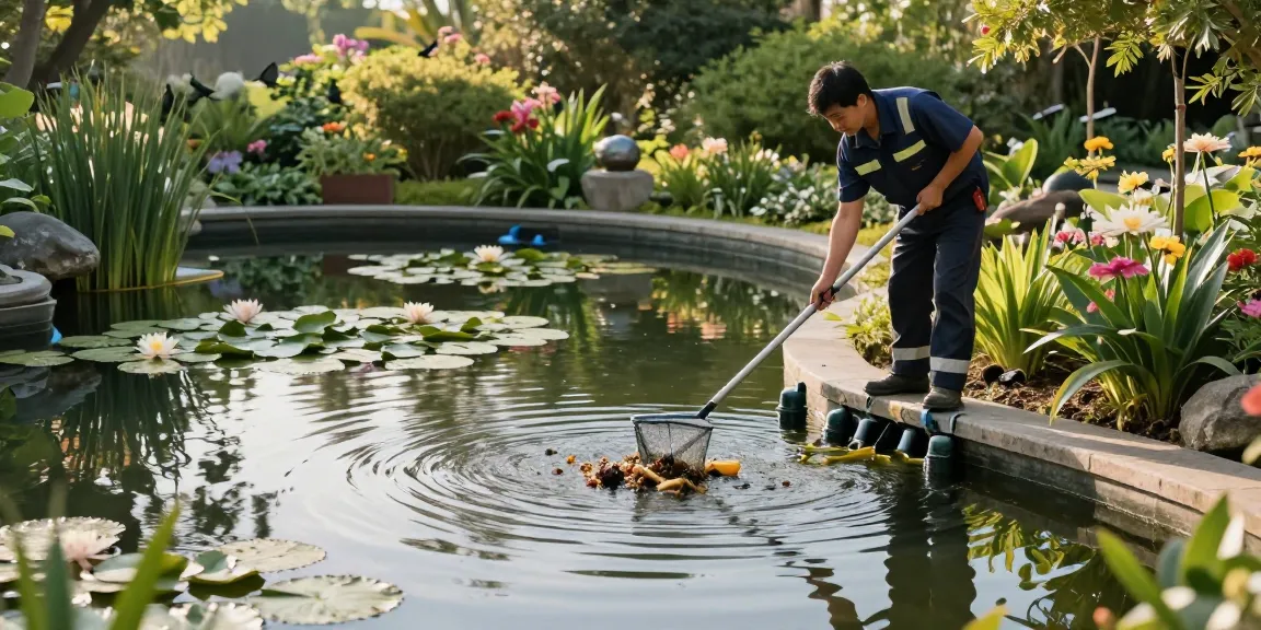 Pond Clean Essex expert removing debris from serene garden pond, maintaining ecological balance.