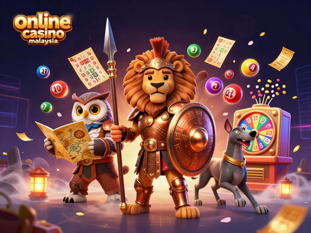 Spin and win at online casino malaysia with vibrant lottery elements and a heroic stance.