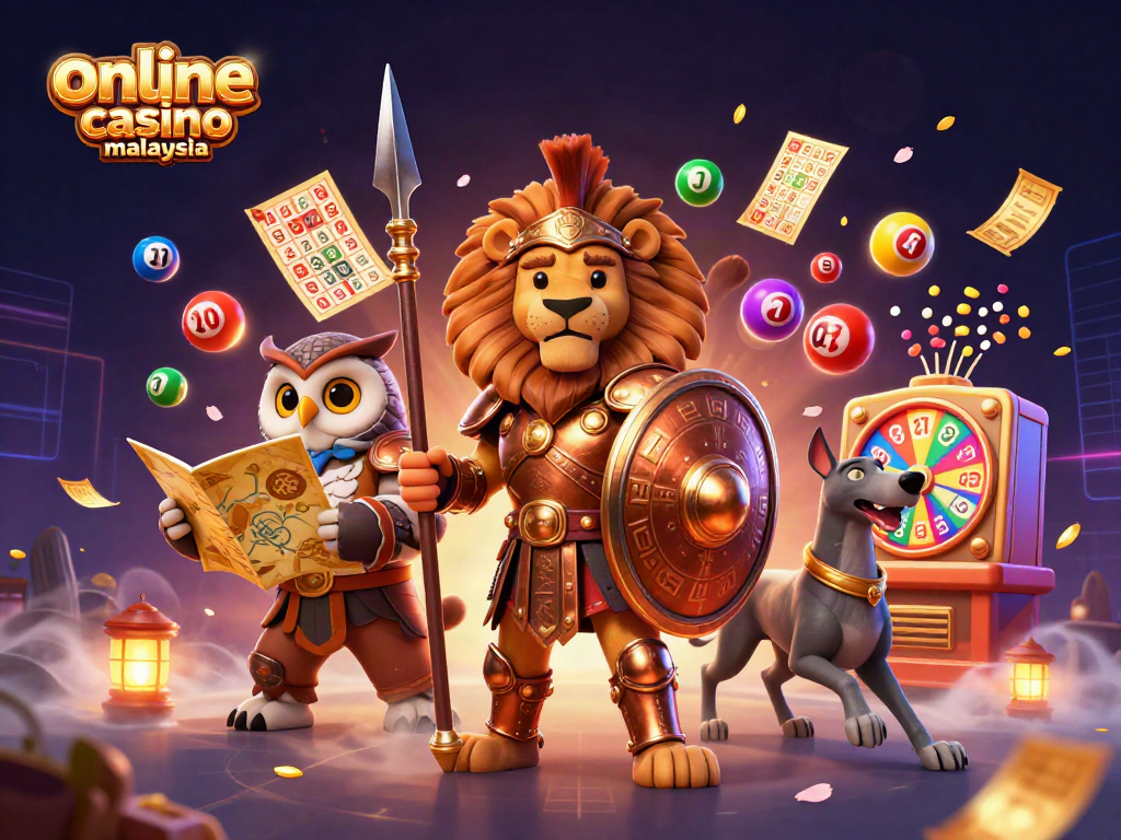 Spin and win at online casino malaysia with vibrant lottery elements and a heroic stance.