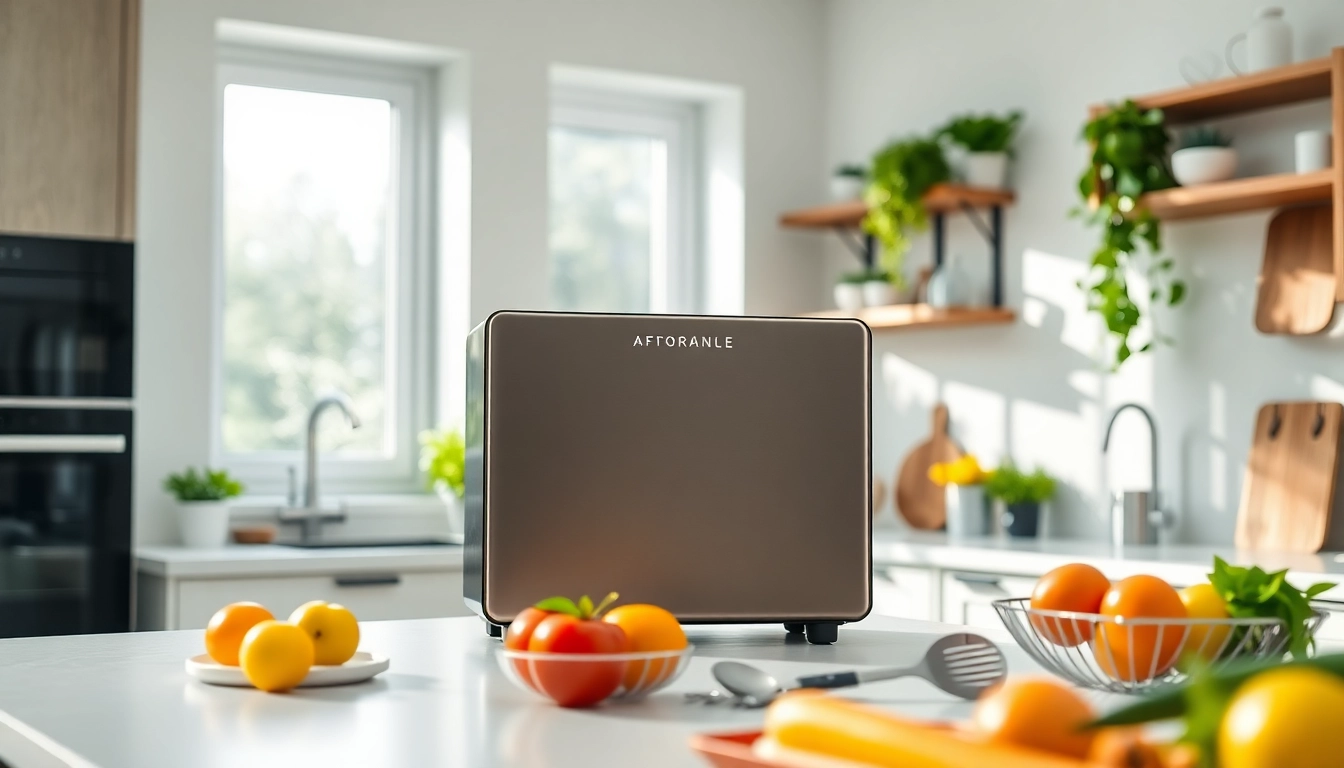 Showcase affordable appliance in a stylish kitchen setting with vibrant colors and natural light.