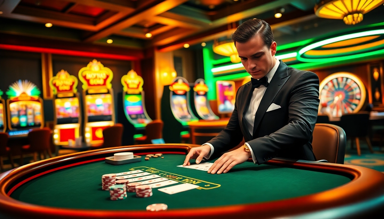 Experience the nohu90 excitement at a luxurious casino table with vibrant gaming elements.