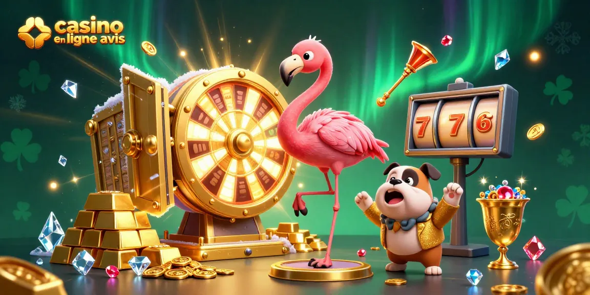 Illustration captivante d'un casino en ligne avis avec des personnages dynamiques animés et des éléments de jeu scintillants.