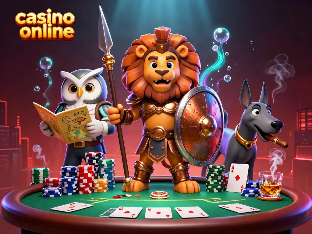 Los mejores juegos en un casino online: ilustración de un león espartano con un búho estratega y un galgo mensajero.