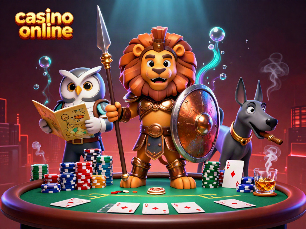 Los mejores juegos en un casino online: ilustración de un león espartano con un búho estratega y un galgo mensajero.