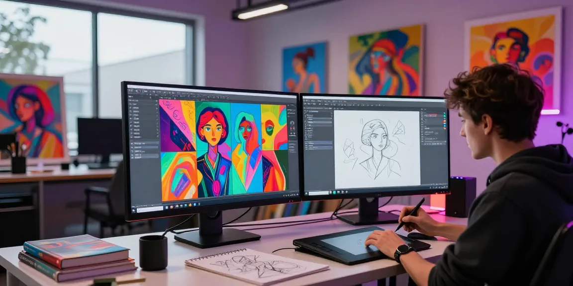 AI nsfw art creation scene with digital tools, vibrant canvases, and creative atmosphere.