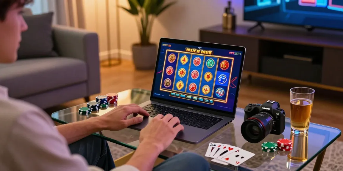 Discover engaging new online casinos at home with stylish decor and vibrant games displayed on a laptop.