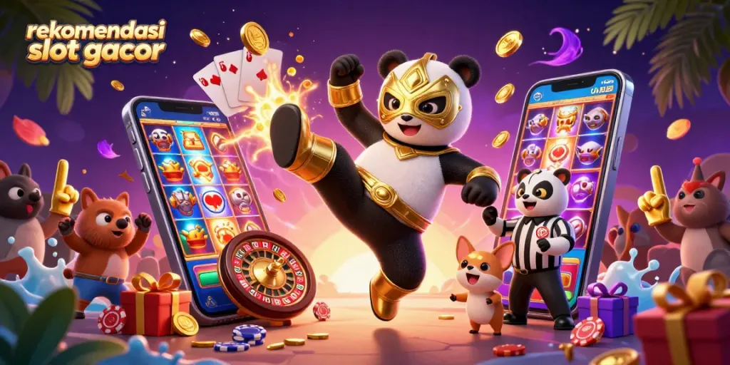 Menampilkan rekomendasi slot gacor dengan panda pegulat dan suasana kasino yang meriah.
