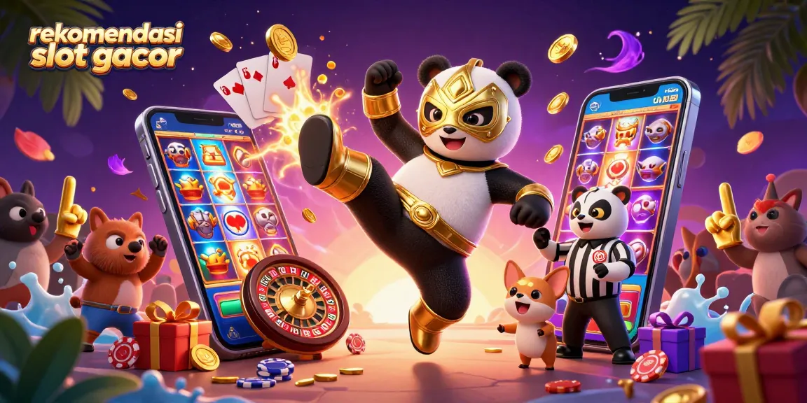 Menampilkan rekomendasi slot gacor dengan panda pegulat dan suasana kasino yang meriah.