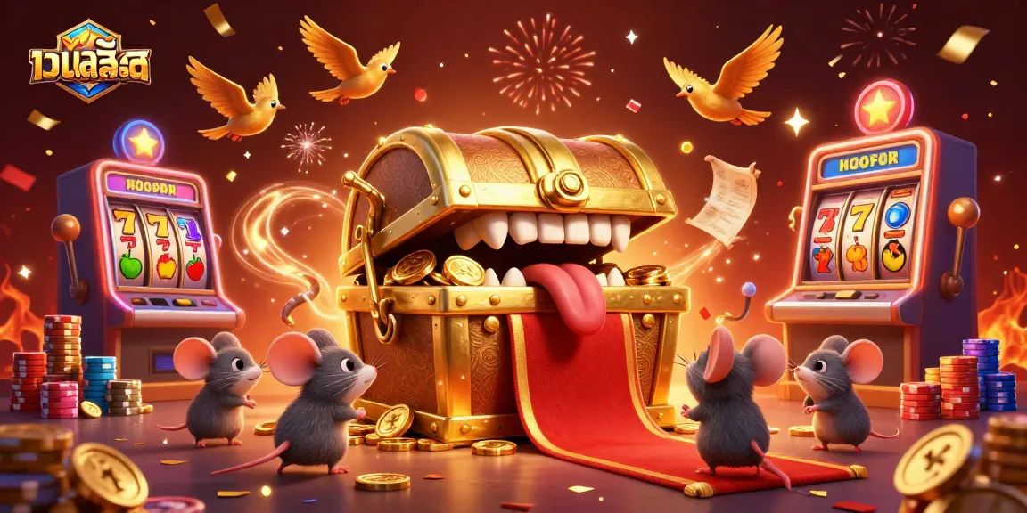 Engage with เว็บสล็อต offers in this vibrant 3D treasure chest scene filled with casino excitement.