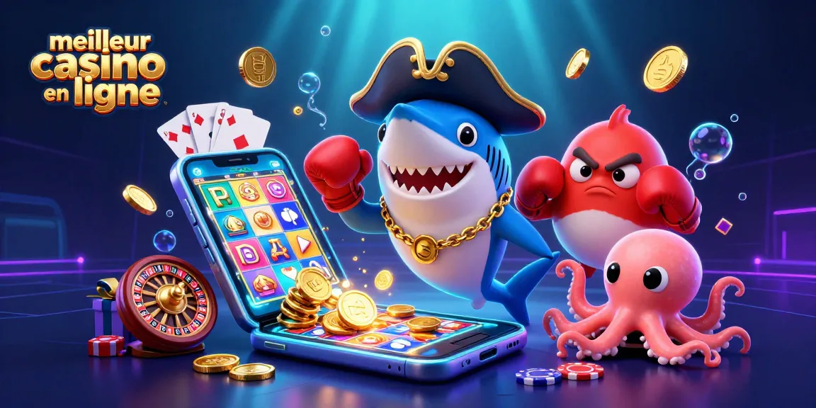 Découvrez le meilleur casino en ligne avec cette illustration ludique d'un pirate requin et ses amis au milieu des jeux.