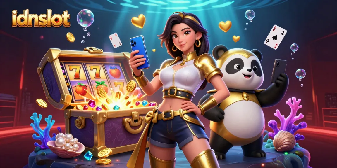 Spin winning slots with idnslot, featuring an Asian woman holding a smartphone and a golden panda mascot.