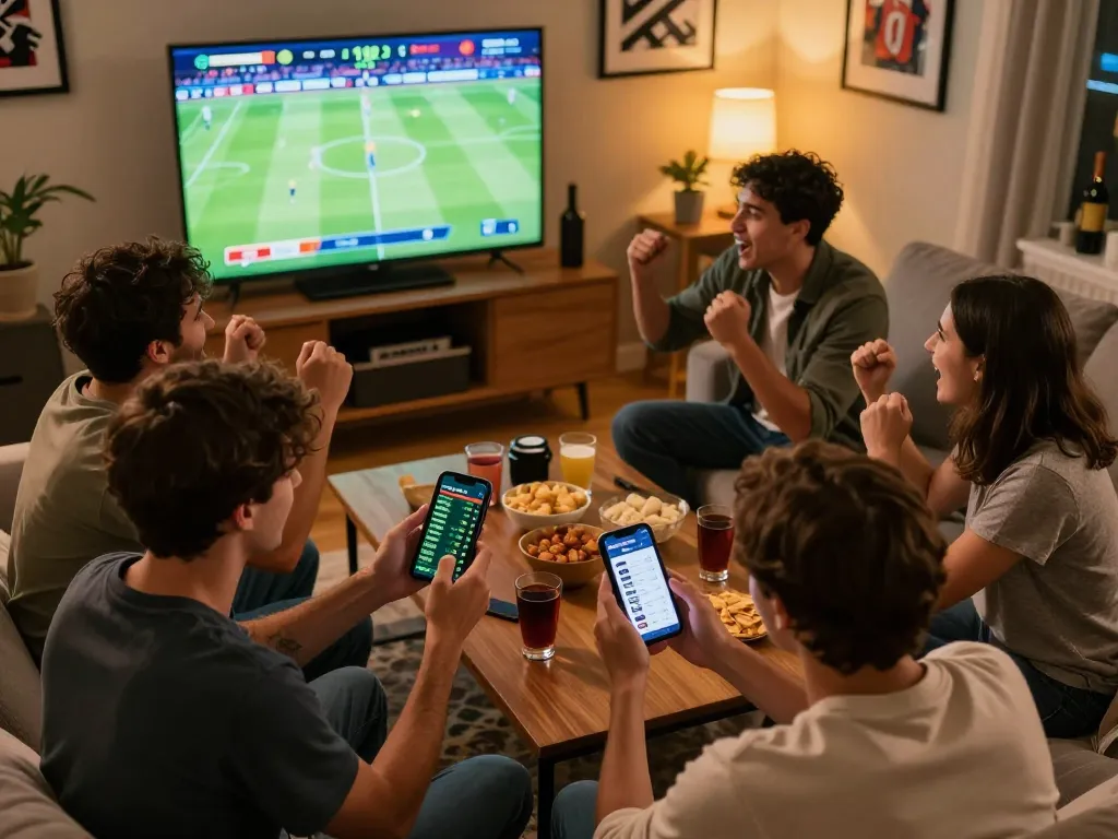 Nhóm bạn bè hào hứng sử dụng 12bet để cá cược thể thao trong một trận đấu, thể hiện sự phấn khích và chiến lược.