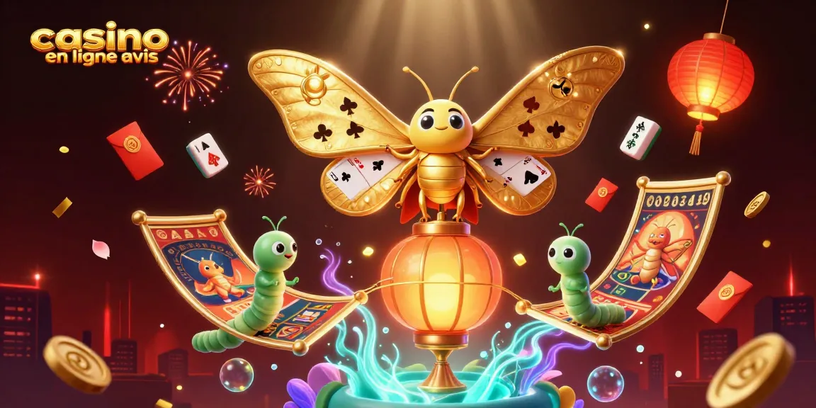 Illustration dynamique en 3D de casino en ligne avis avec des motifs de jeux et des éléments colorés.